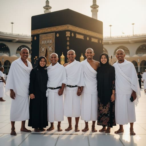 Pilgrim Tahallul dengan Ka'bah di Latar Belakang