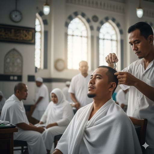 Seorang Pria Mencukur Rambut Saat Tahallul